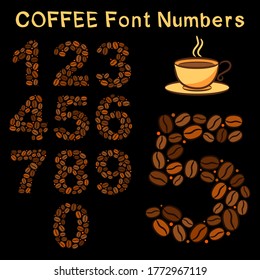Set of numbers from coffee beans. Hand-drawn grains. Dark brown coffee font. Vector illustration for menu, cafe, restaurant.