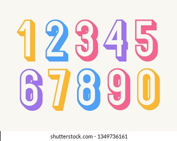 Set of numbers colorful 3d bold style trendy typography consisiting of 1, 2, 3, 4, 5, 6, 7, 8, 9, 0 for poster, tshirt, book, sale banner, printing on fabric, birthday card. Modern font. Vector 10 eps