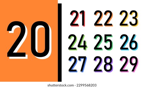 Set of numbers colorful bold trendy typography style consisting of 20 to 29 years for poster, t-shirt, book, sale banner, fabric print, advertising. Modern color font.
