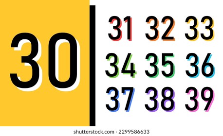 Set of numbers colorful bold trendy typography style consisting of 30 to 39 years for poster, t-shirt, book, sale banner, fabric print, advertising. Modern color font.