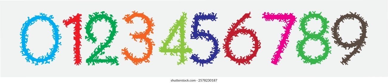 Set of numbers, colors textured numbers. Numbers 1, 2, 3, 4, 5, 6, 7, 8, 9, 0. Stylish hand abstract design numbers set. Bold style and eps vector format. Dirty texture vector. Rough brush strokes.