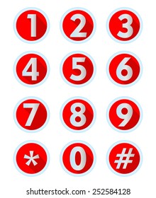 A set of numbers and computer symbols in modern flat design, metallic numbers with long shadow in circle button
