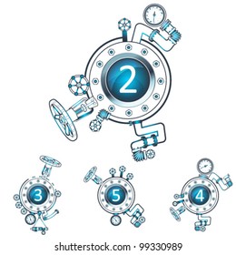 Set of numbers in construction design elements. (gas or fuel pipe, faucet, valve, connector, wheel, screw, manometer etc...) (vector)