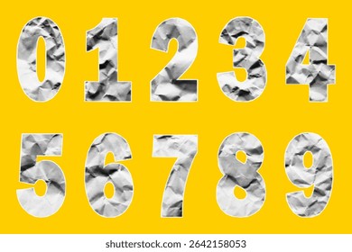 Set of numbers with crumpled paper texture. Jagged torn edges, gritty stipple halftone effect, collage ransom note style. Retro cutout digits from old notebook pages.