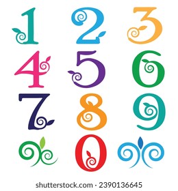 Set of numbers with curved lines and leaves