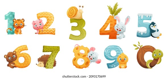 Set Of Numbers With Cute Baby Animals. Educational Numbers, Kids Anniversary, Home Or Kindergarten Decor Cartoon Vector Illustration