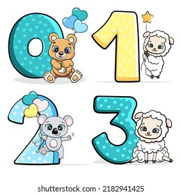 Set numbers with cute baby animals. Educational numbers, kindergarten decor cartoon vector illustration