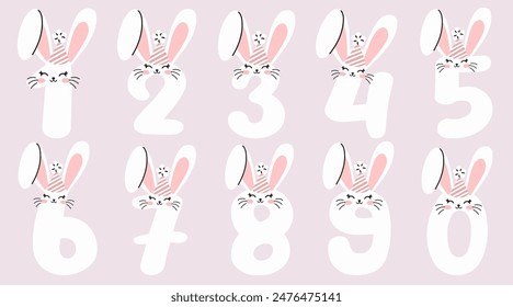 Set of numbers with cute bunny ears. Pink numbers from 1 to 9 shaped like a rabbit. Vector illustration with white bunny. Element for children's birthday invitation, greeting card and cake toppers.