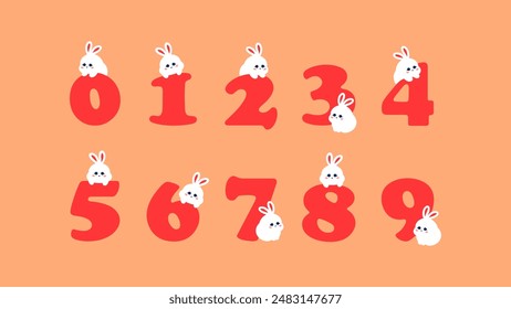 Set of Numbers with Cute Bunny. Pink Numbers 1 to 9 with White Rabbit