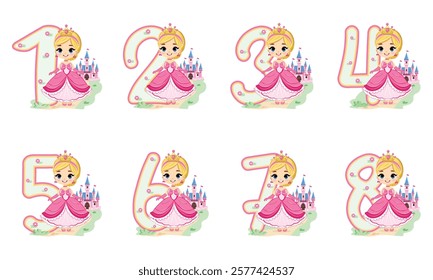 Set of numbers with cute princess girl in pink dress on white background. Happy Birthday concept. Vector illustration in flat cartoon style