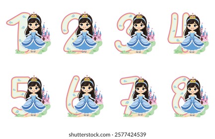 Set of numbers with cute princess girl in blue dress on white background. Happy Birthday concept. Vector illustration in flat cartoon style