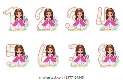 Set of numbers with cute princess girl in pink dress on white background. Happy Birthday concept. Vector illustration in flat cartoon style