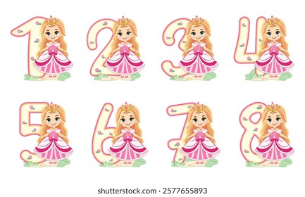 Set of numbers with cute princess girl in pink dress on white background. Happy Birthday concept. Vector illustration in flat cartoon style