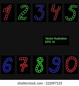 The set of numbers in different colors vector drawn illustration, ten isolated objects.