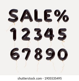 Set of numbers discount promotion sale made of realistic 3d black helium balloons.Vector Illustration of balloon percent discount for your unique selling poster, banner. Isolated on white background.