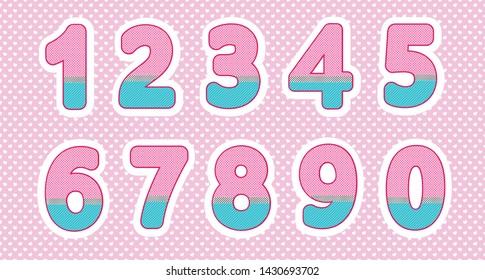 Set of numbers in doll style. Baby design. Bright pink, cream colors. Polka dot pattern