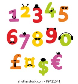 Set of numbers, dollar, euro, and pound signs in a joyful cartoon style. Vector illustration