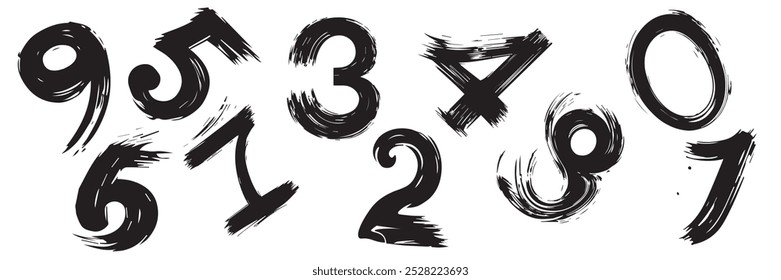 Set of numbers drawn with a brush and isolated on a white background. Brush mark.   Hand drawn vector illustration.