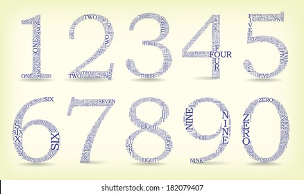 Set of numbers, each created from text tittles, drop shadow - illustration