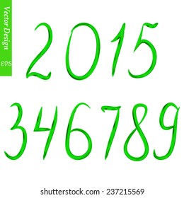 Set of numbers. Editable tamplate. The numbers painted with a brush on a white background.Green acrylic numbers.