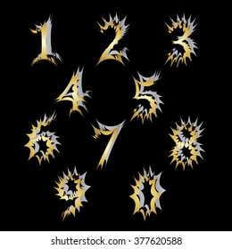 A set of numbers with an explosive effect.Golden numbers with silver shadow on a black background.
