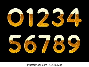 Set of numbers filled with beer on black background. Vector illustration.  