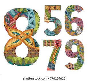 Set of numbers five, six, seven, eight, nine Zentangle. Vector decorative objects