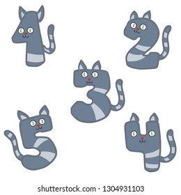 Set of numbers in the form of striped gray cats. Of animal faces and tail. Teaching children mathematics. Arithmetic symbol. Funny cartoon illustration for school.
