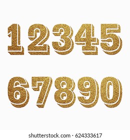 Set of numbers with golden glitter effect, figures isolated on white background. Vector illustration.