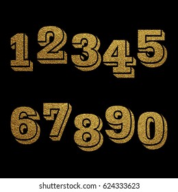 Set of numbers with golden glitter effect, figures isolated on black background. Vector illustration.