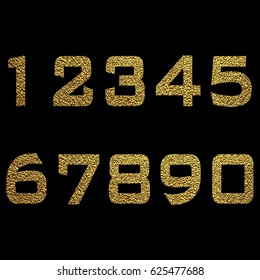 Set of numbers with golden glitter effect, figures isolated on black background. Vector illustration.