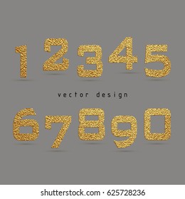 Set of numbers with golden glitter effect, figures isolated on beige background. Vector illustration.