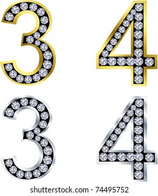 Set of numbers, golden and silver with diamonds, vector