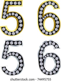 Set of numbers, golden and silver with diamonds, vector