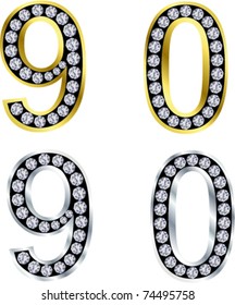 Set of numbers, golden and silver with diamonds, vector