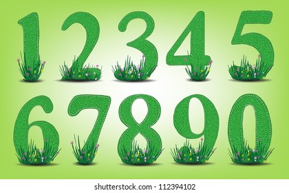 set of numbers with grass and flowers. environmental protection