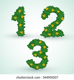 Set of Numbers With Green Leaves And Flowers : Vector Illustration