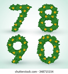 Set of Numbers With Green Leaves And Flowers : Vector Illustration