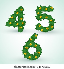Set of Numbers With Green Leaves And Flowers : Vector Illustration