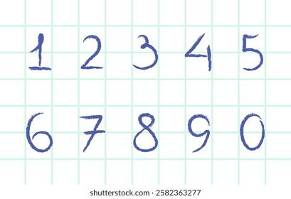 Set of numbers in grunge style. Numbers drawn with pen on notebook. Numbers from 0-9 hand drawn. Vector illustration