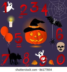 Set of numbers with Halloween icons. Vector.