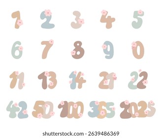 Set of numbers hand drawn numbers decorated with flowers for date, calendar, year, anniversary, celebration, with scandinavian style for yours illustration and creative designs projects