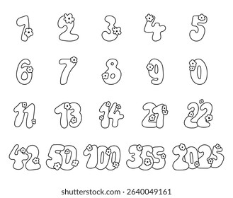 Set of numbers hand drawn numbers decorated with flowers for date, calendar, year, anniversary, celebration, with outline line art for yours illustration and creative designs projects