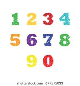 set of numbers with hand drawn effect of different colors