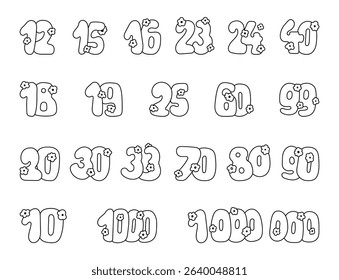 Set of numbers hand drawn symbol decorated with flowers for date, calendar, year, anniversary, celebration, with outline line art for yours illustration and creative designs projects