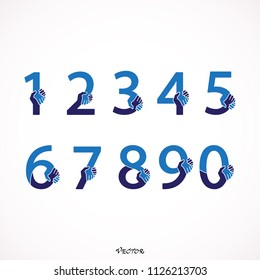 Set  numbers handshake. Vector blue numbers. 1, 2, 3, 4, 5, 6, 7, 8, 9, 10, logo design. Flat style, isolated on white background.