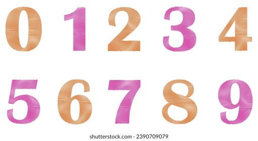 Conjunto de números aislados en blanco. Alfabeto con números. Elementos gráficos vectoriales para el diseño. Olas y líneas. Naranja, rosa	