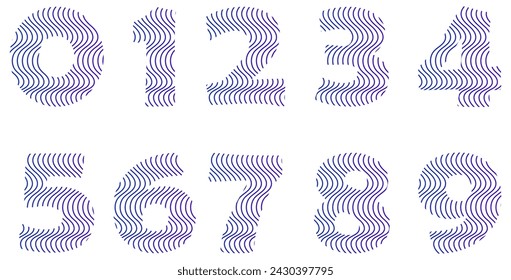 Set of numbers isolated on white. Alphabet with numbers. Vector graphic elements for design. Waves and lines. Blue and purple gradient