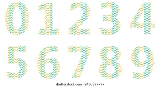 Zahlensatz auf Weiß isoliert. Alphabet mit Zahlen. Vektorgrafik-Elemente für Design. Wellen und Linien. Farbverlauf