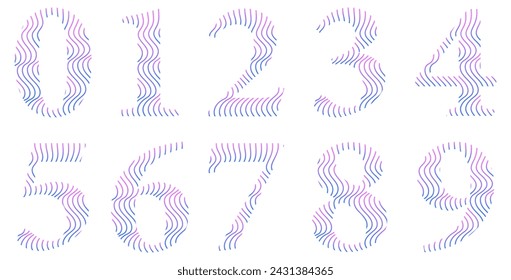 Set of numbers isolated on white. Alphabet with numbers. Vector graphic elements for design. Waves and lines. Pink and blue gradient. Colorful